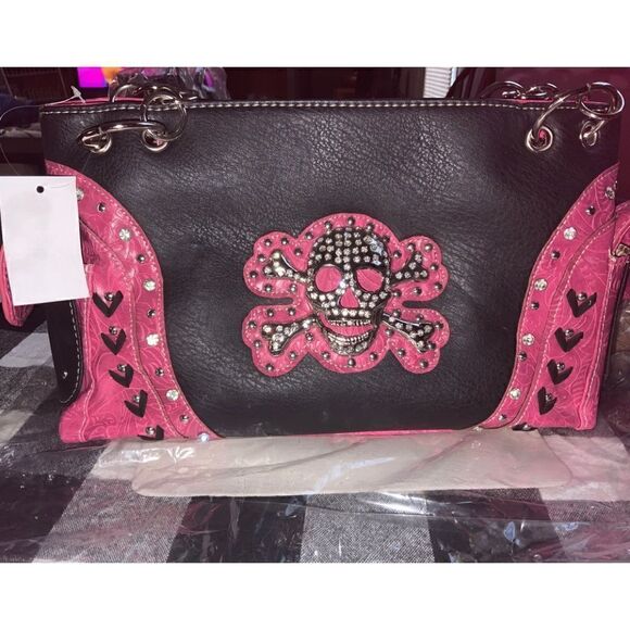 Embroidered Rhinestone Skull Contrast CC Handbag